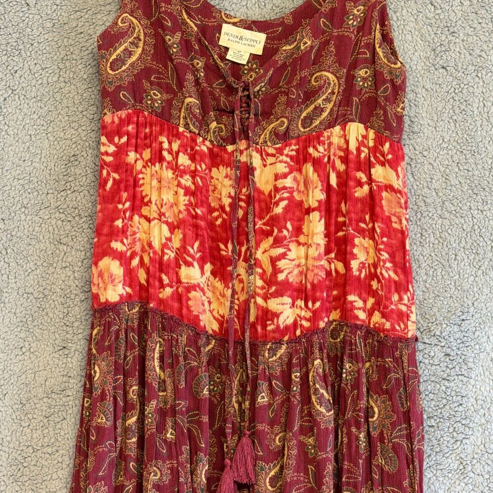 DENIM & SUPPLY Ralph Lauren Dress S Red Paisley Maxi Boho Tiered Cottage Floral - Picture 2 of 12